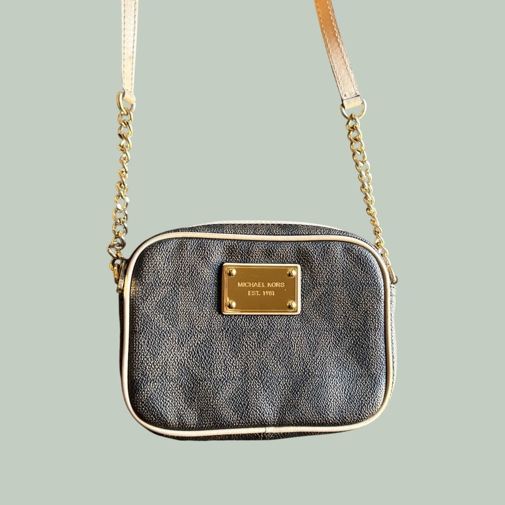 Michael Kors Jet MK Logo Small Signature Camera Crossbody Bag Brown Gold Purse
